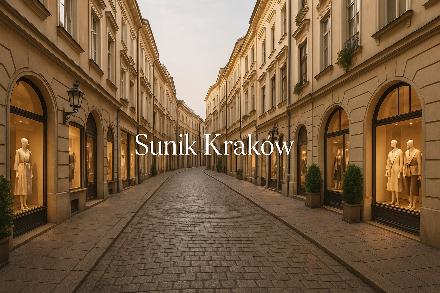 Image for a fashion store, Sunik Krakow. Place this in the center in text that is not too large and use a beautiful shopping street as the background.