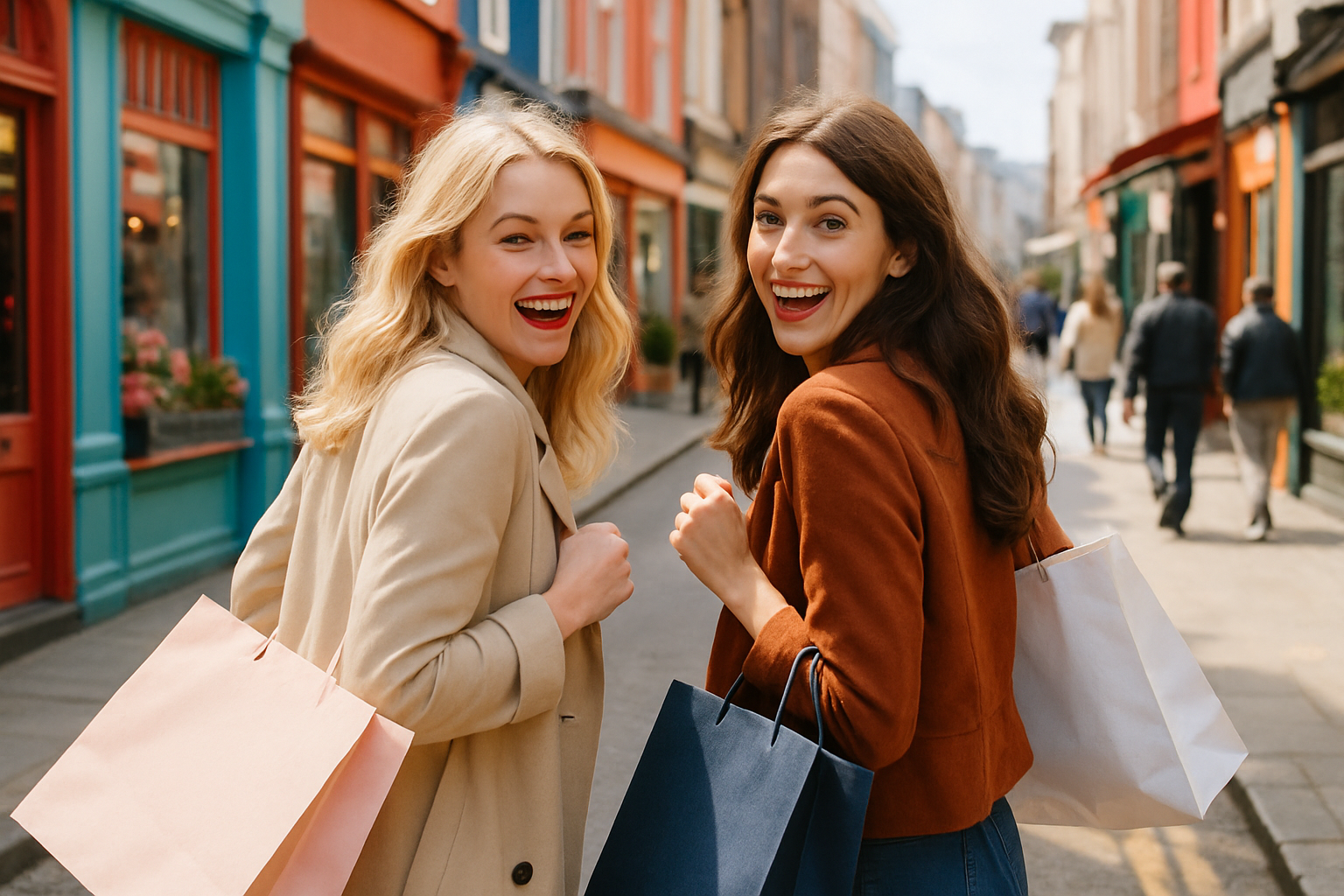 image of two women, one blonde and one brown, looking back cheerfully in a shopping street